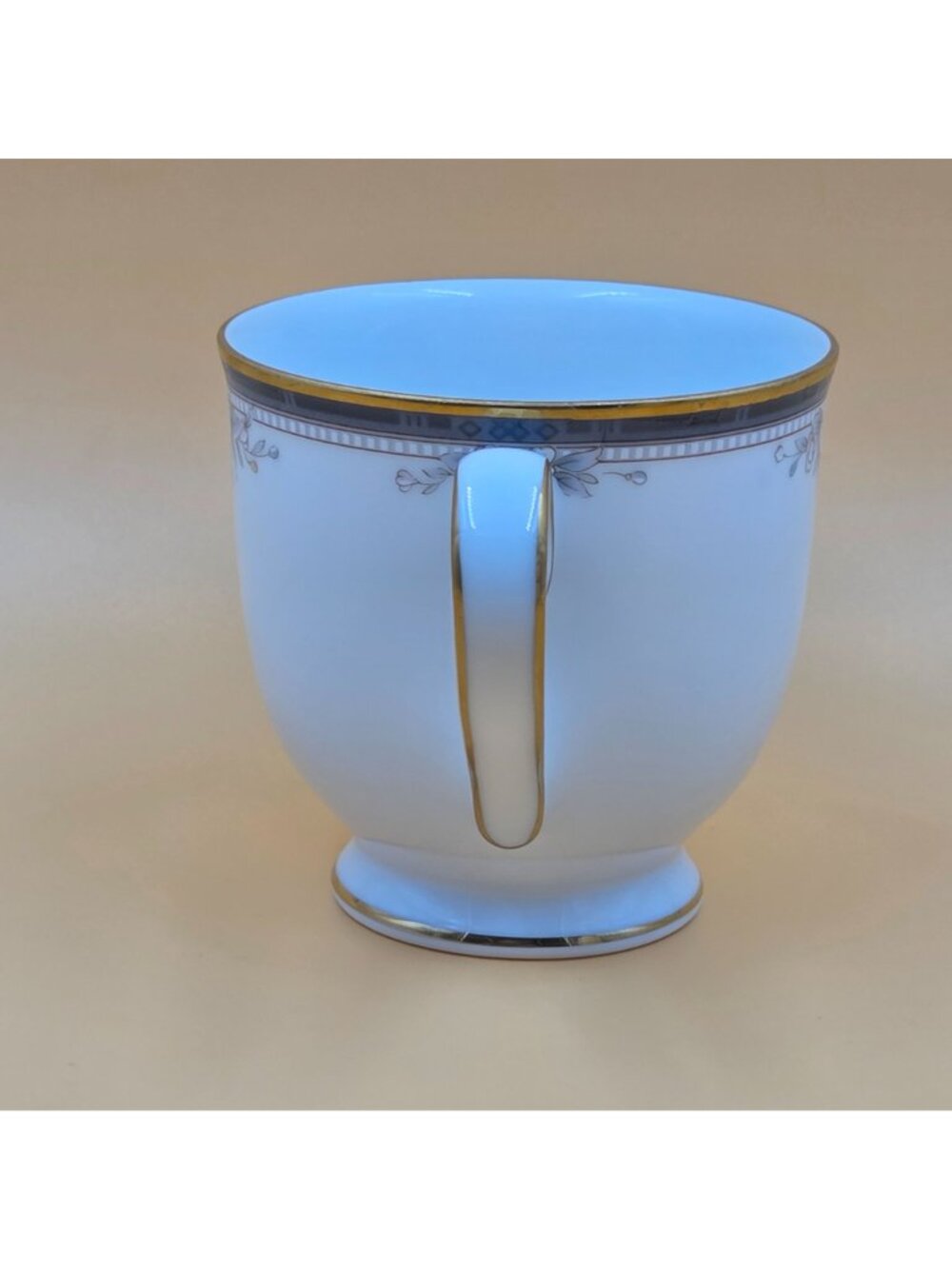 Noritake Ontario Set of 4 Footed Cup and Saucer Blue Gray Band White Pink Flower - Picture 12 of 16